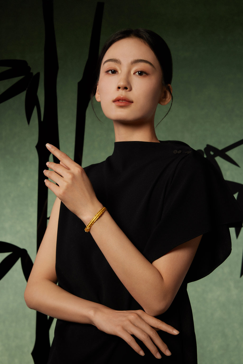 "Chinese Culture Collection - Dan Qing" 24K Gold Bangle Bracelet Diamond 0.005ct Bamboo 44-52g W1036271