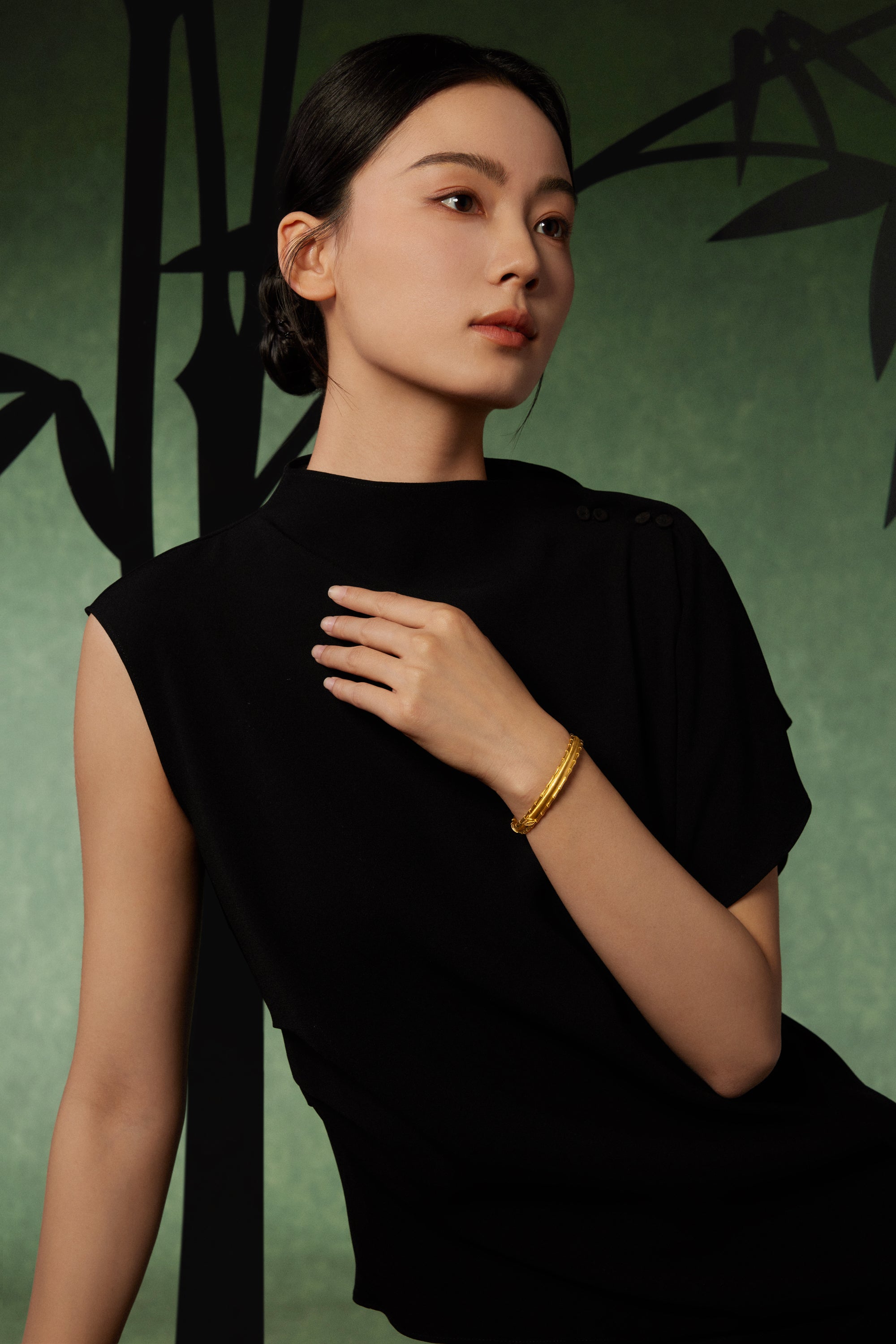 "Chinese Culture Collection - Dan Qing" 24K Gold Bangle Bracelet Diamond 0.005ct Bamboo 44-52g W1036271