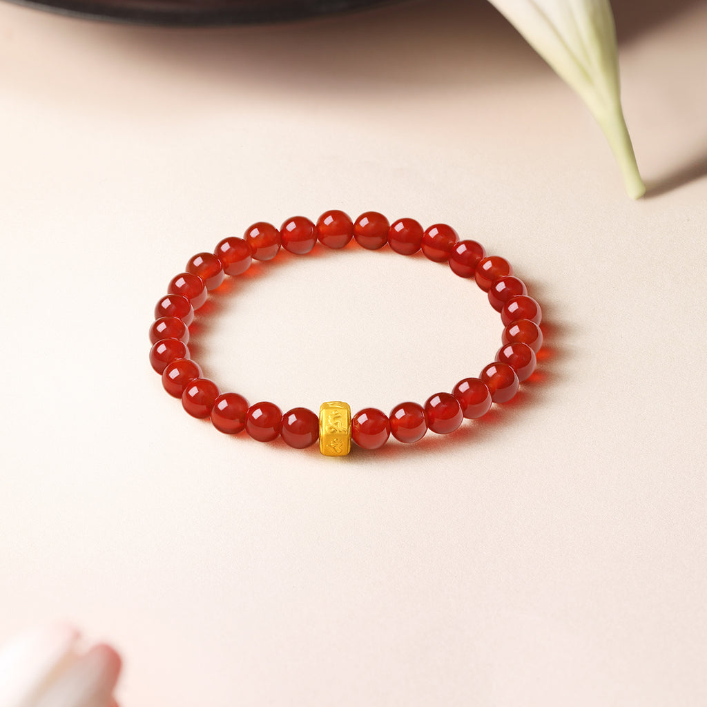 'Jiuhua Mountain' 24K Gold Beaded Bracelet Agate Buddhist Scripture 6-6.5mm 17cm A1914657