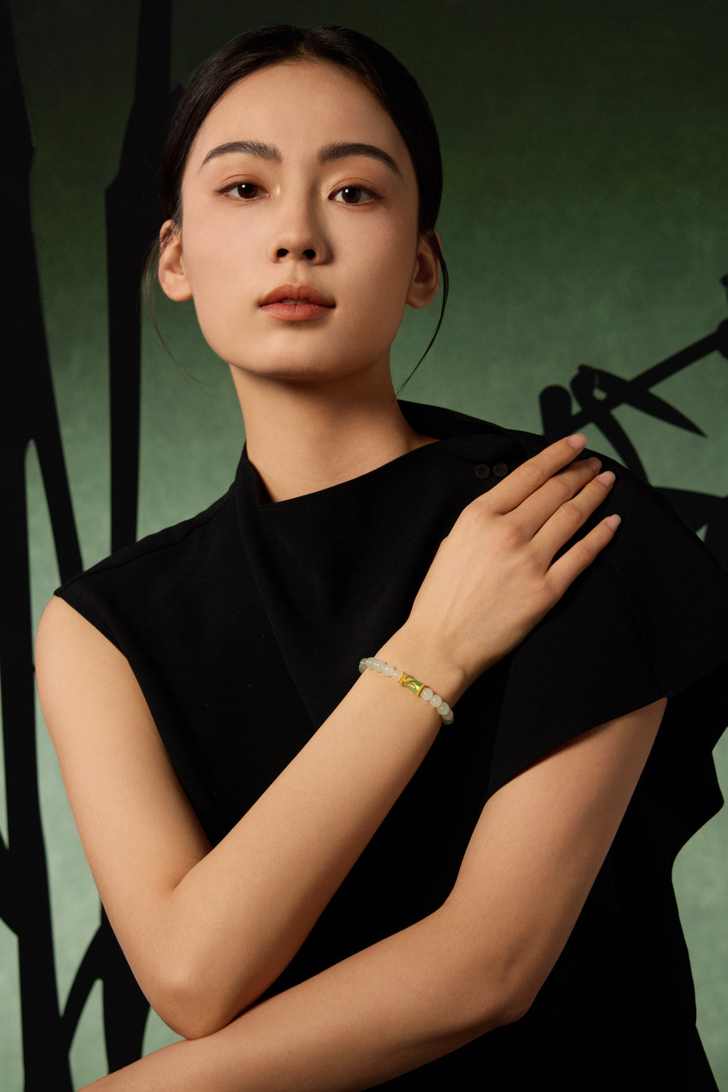 "Chinese Culture Collection - Dan Qing" 24K Gold Beaded Bracelet Hetian Jade 6.5-7*5.8-6.3mm Diamond 0.0033ct   Bamboo 1.9-2.9g Y1937744