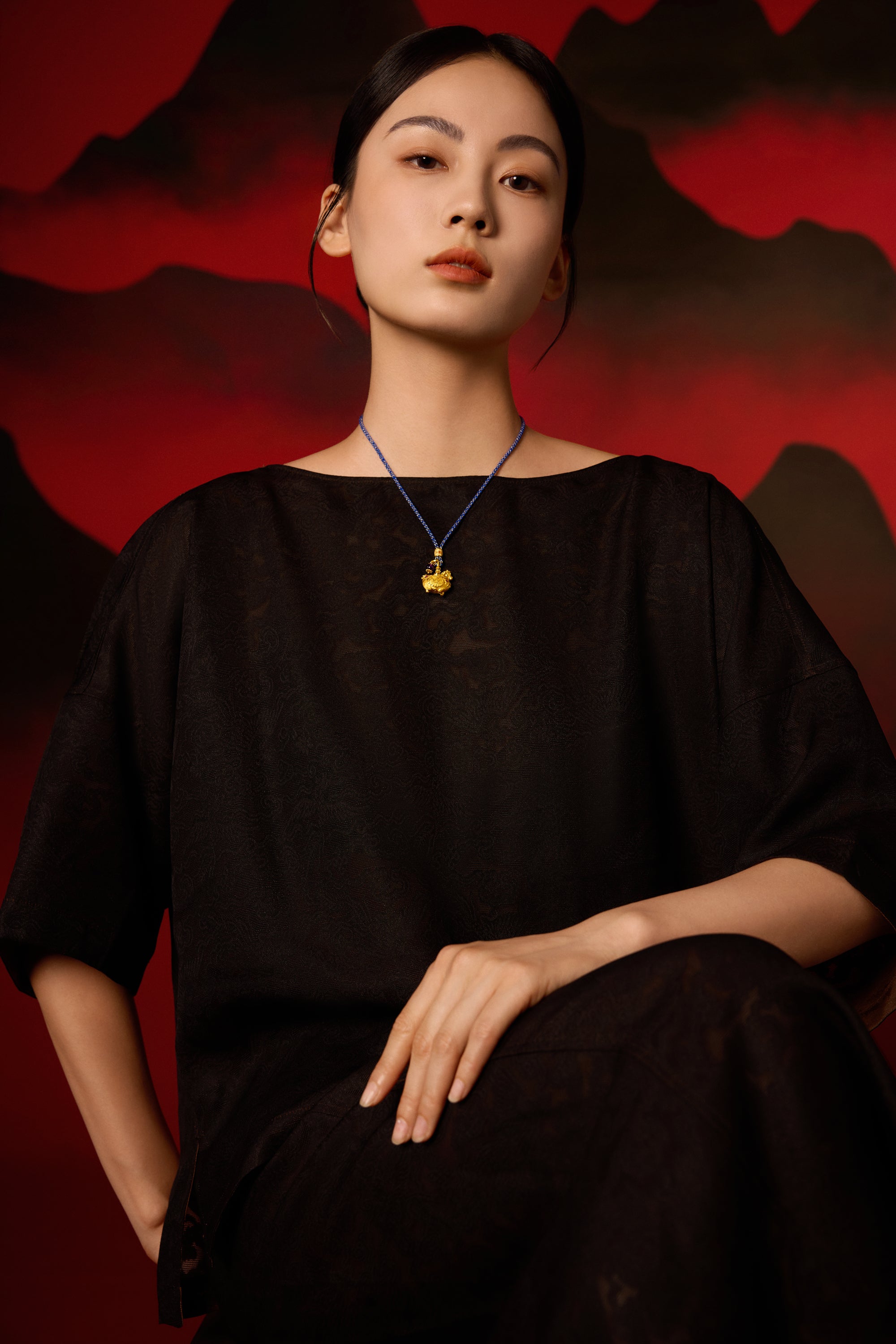 "Chinese Culture Collection - Dan Qing" 24K Gold Pendant Braided Rope Diamond 0.0026ct Amethyst 6-6.5mm Horse 16-18.5g W0436248