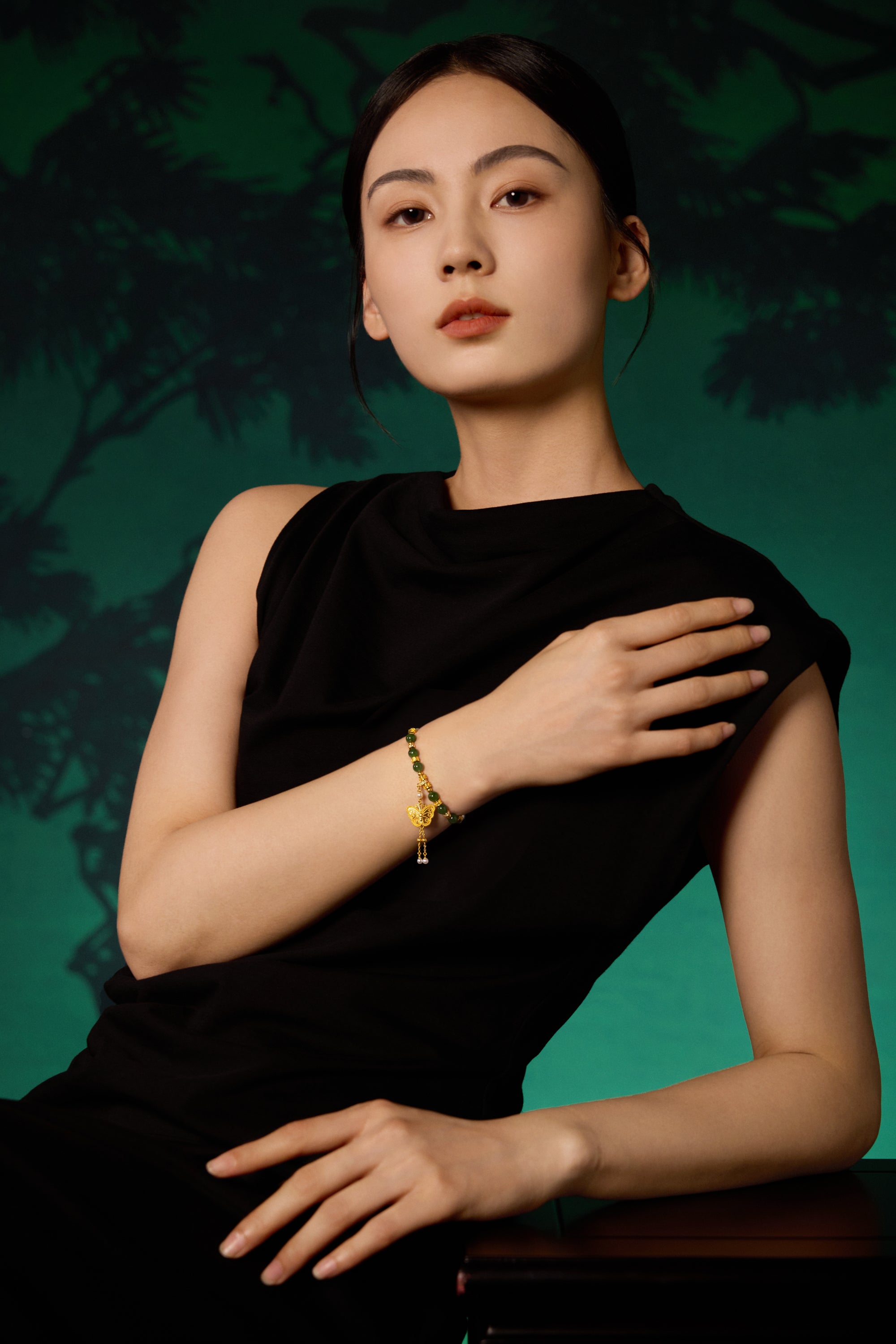 "Chinese Culture Collection - Dan Qing" 24K Gold Beaded Bracelet Hetian Jade 5.8-6.3mm Diamond 0.0053ct Pearl 2.8-3.3mm Butterfly 12-15g Y1940434
