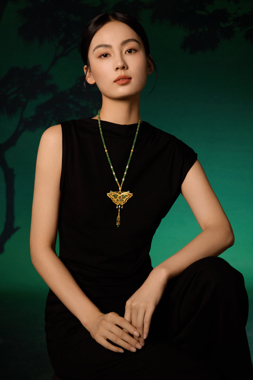 "Chinese Culture Collection - Dan Qing" 999 24K Gold Pendant Necklace String Bracelet Hetian Jade 3-7-7.5*4.5-5mm Diamond 0.0042ct Tourmaline 0.334-0.390ct Butterfly 50-56g Y0650040