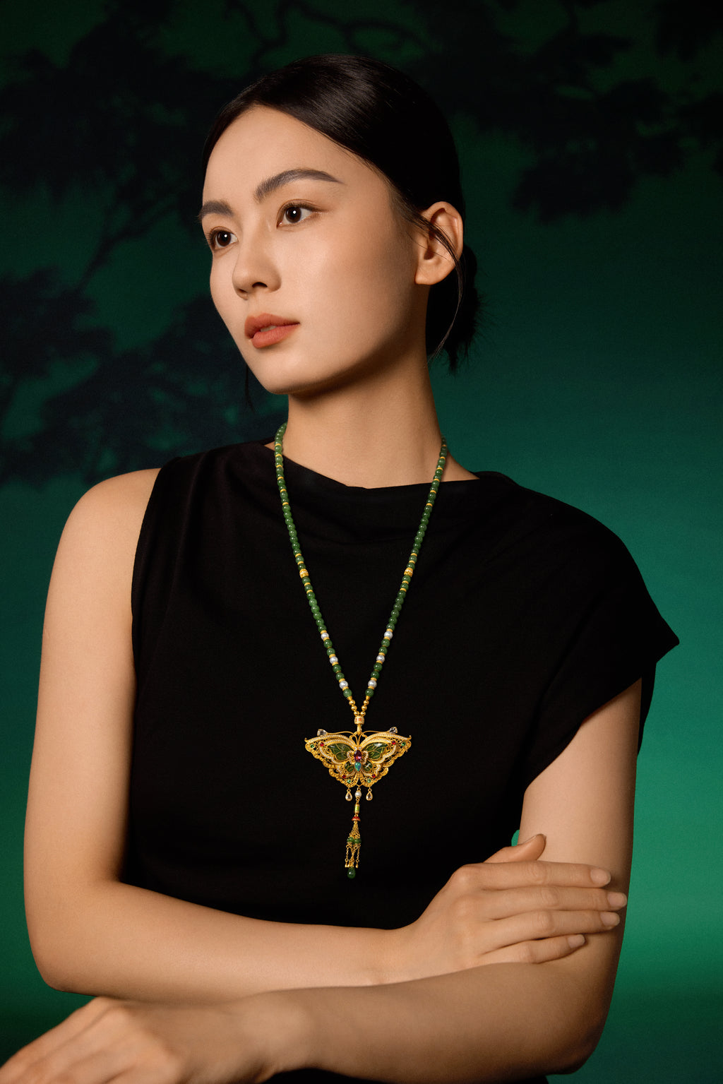 "Chinese Culture Collection - Dan Qing" 999 24K Gold Pendant Necklace String Bracelet Hetian Jade 3-7-7.5*4.5-5mm Diamond 0.0042ct Tourmaline 0.334-0.390ct Butterfly 50-56g Y0650040