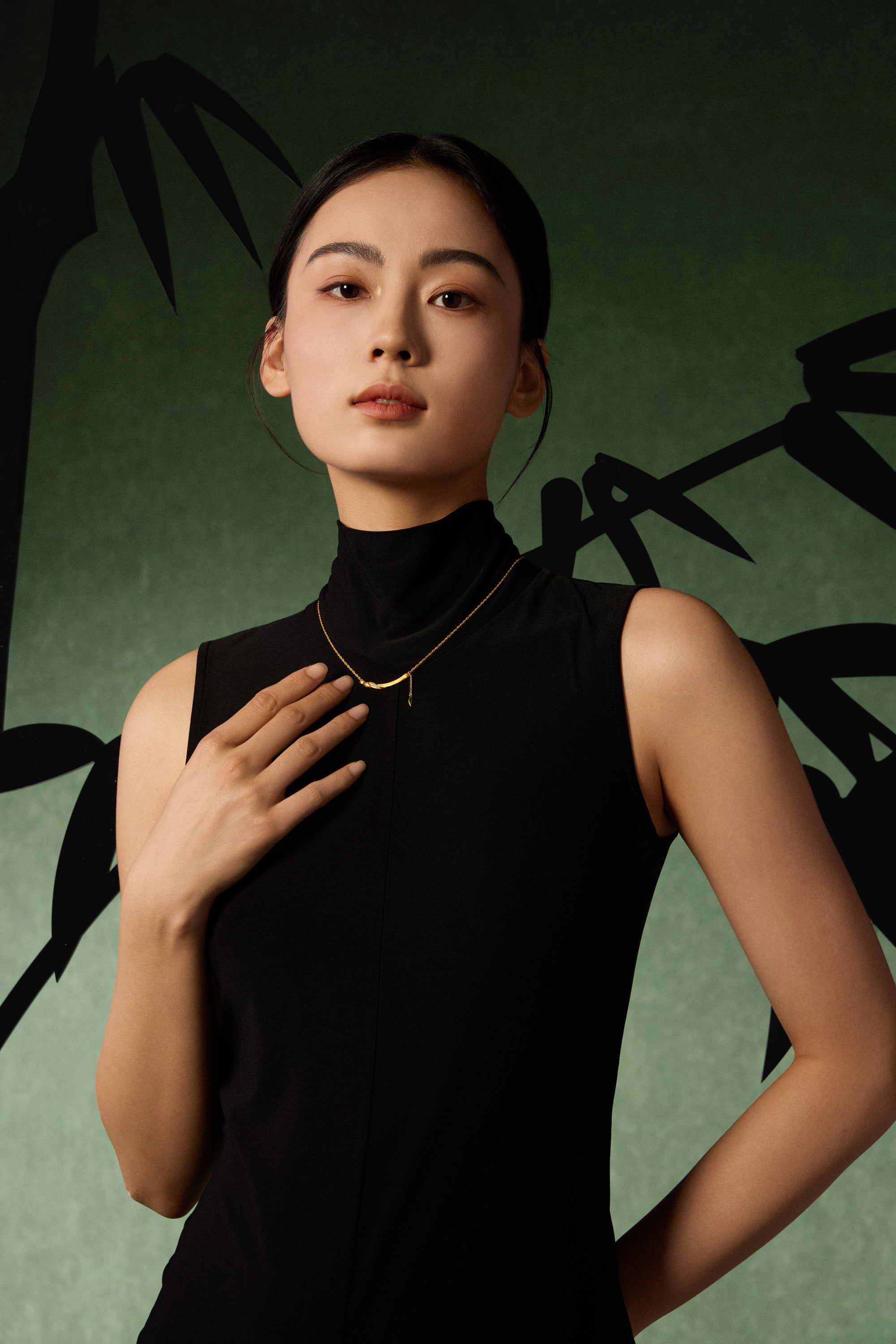 "Chinese Culture Collection - Dan Qing" 24K Gold Pendant Necklace Diamond 0.011ct Bamboo 7.3-9.3g W0636315