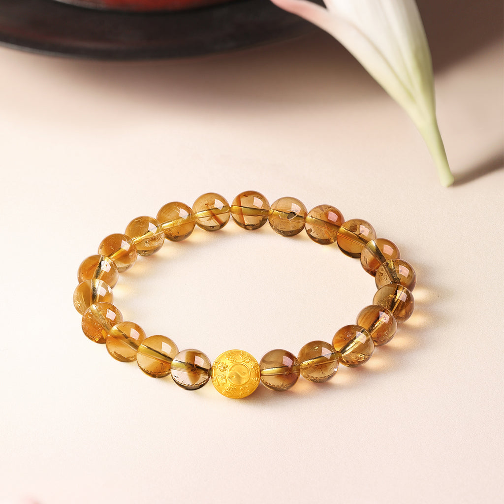 Jiuhua Mountain'24K Gold Beaded Bracelet Citrine Buddhist Scripture A1914656