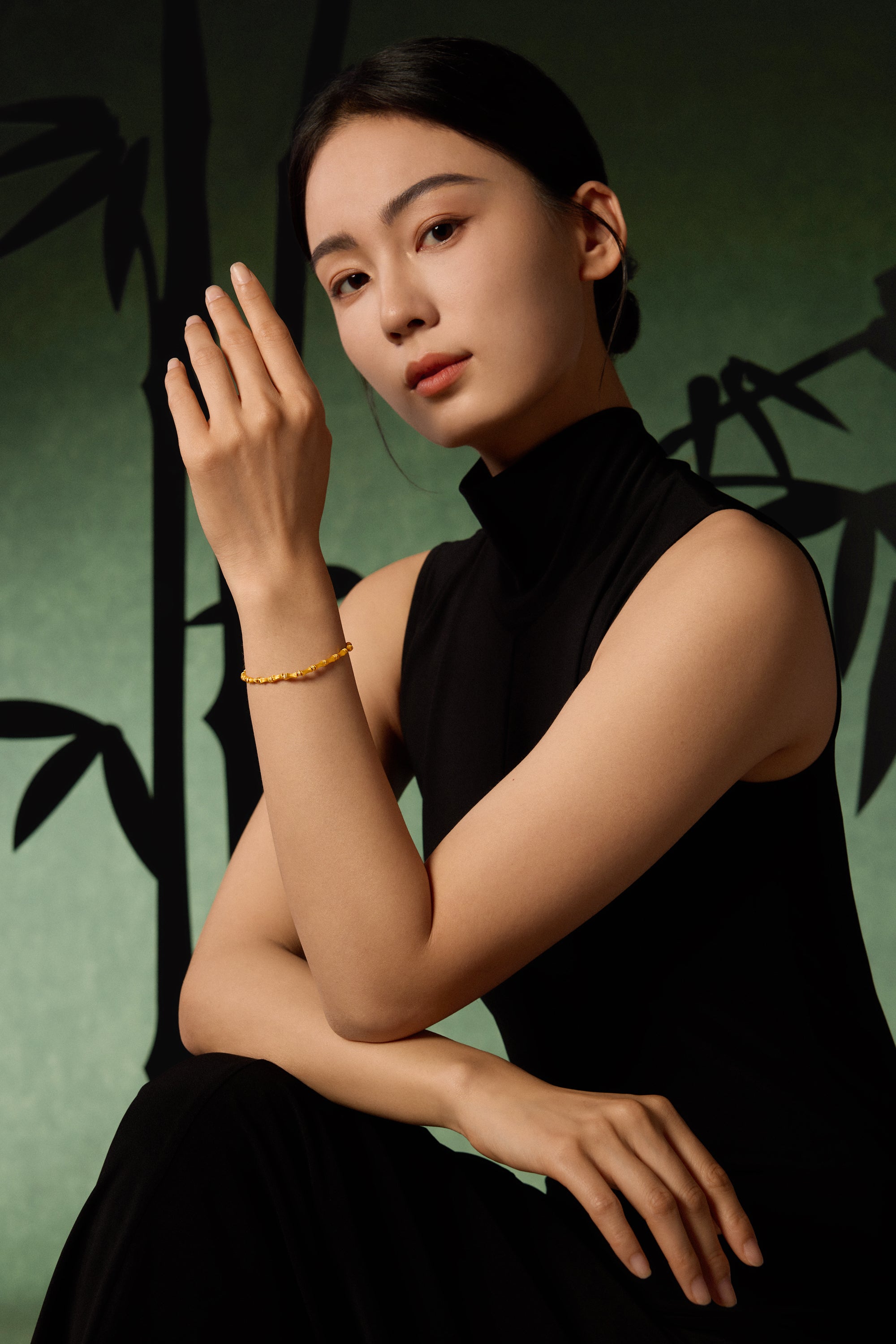 "Chinese Culture Collection - Dan Qing" 24K Gold Beaded Bracelet Diamond 0.0023ct Bamboo 7.5-9.5g W1936314