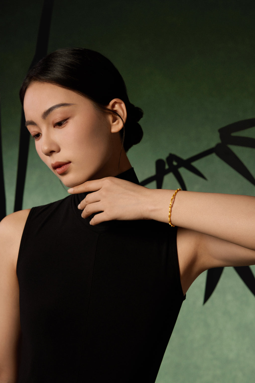 "Chinese Culture Collection - Dan Qing" 24K Gold Beaded Bracelet Diamond 0.0023ct Bamboo 7.5-9.5g W1936314