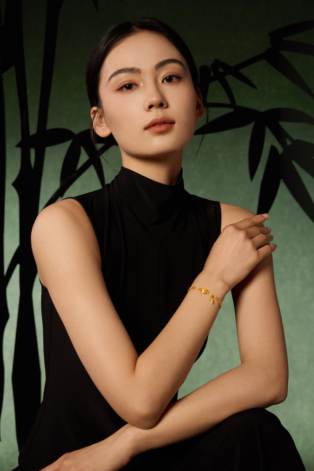 "Chinese Culture Collection - Dan Qing" 24K Gold Beaded Bracelet Diamond 0.0067ct Bamboo 11.7-14.7g W1936324