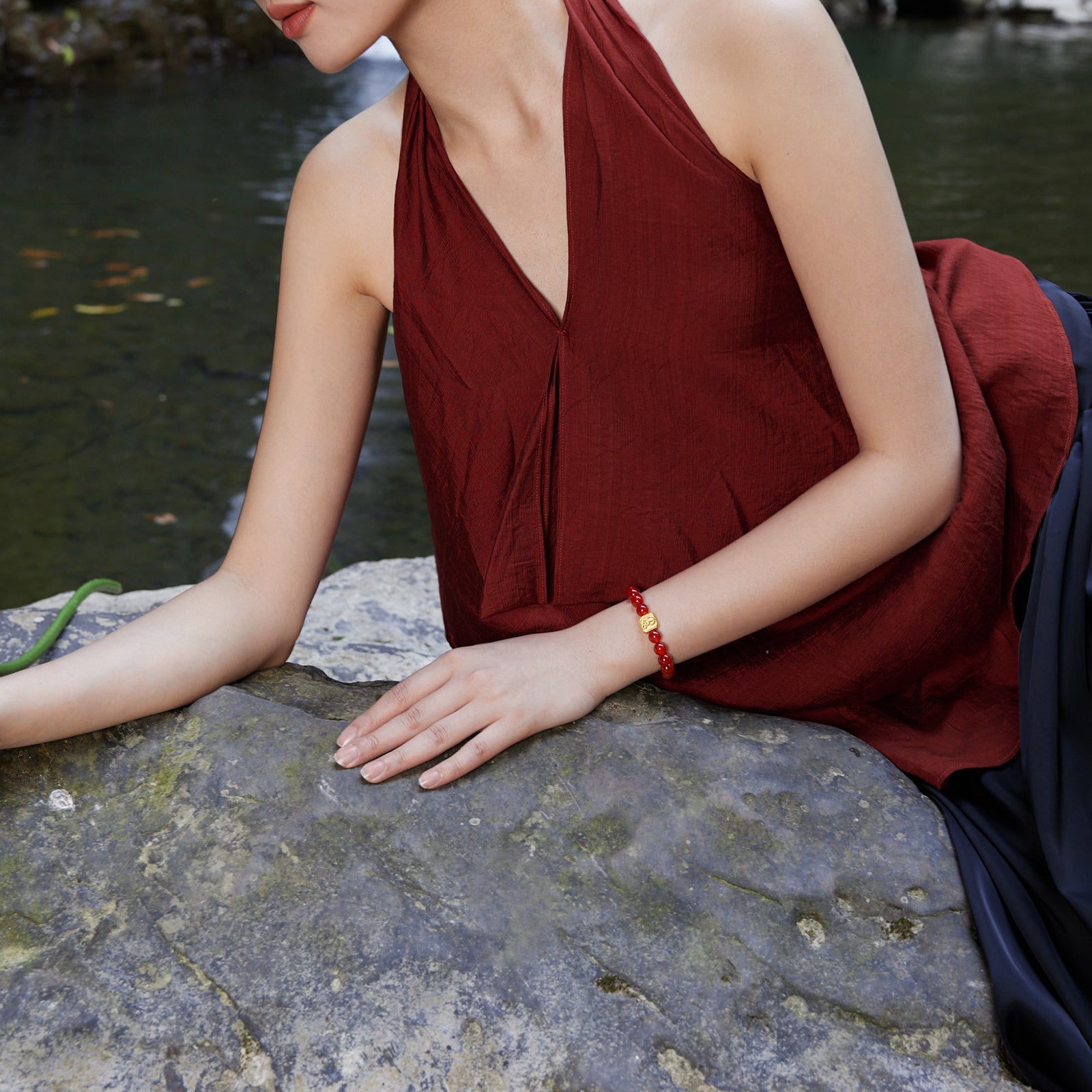 Jiuhua Mountain' 24K Gold Beaded Bracelet Agate Ksitigarbha Bodhisattva A1914667