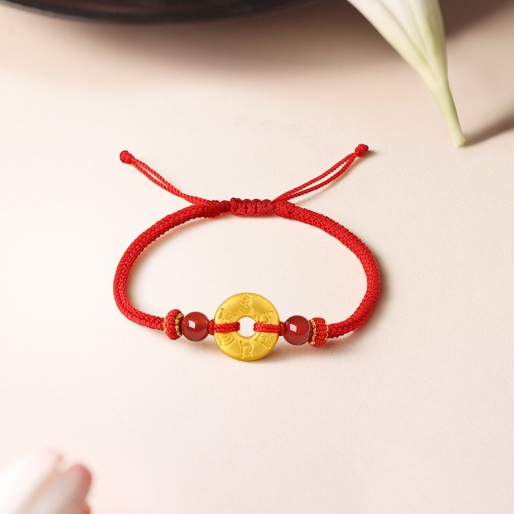 Jiuhua Mountain' 24K Gold String Bracelet Agate Buddhist Scripture A1714666