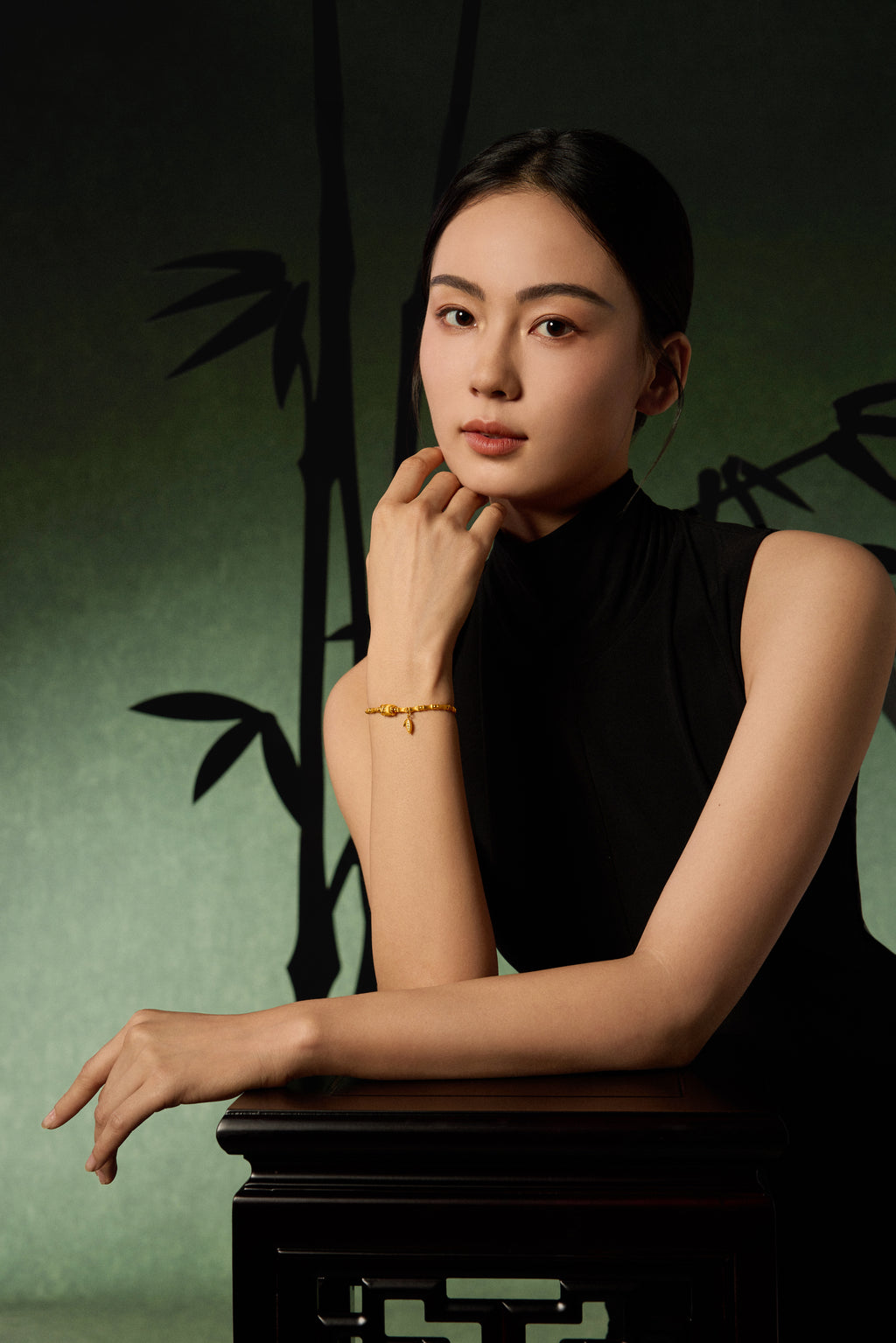 "Chinese Culture Collection - Dan Qing" 24K Gold Beaded Bracelet Diamond 0.0067ct Bamboo 11.7-14.7g W1936324
