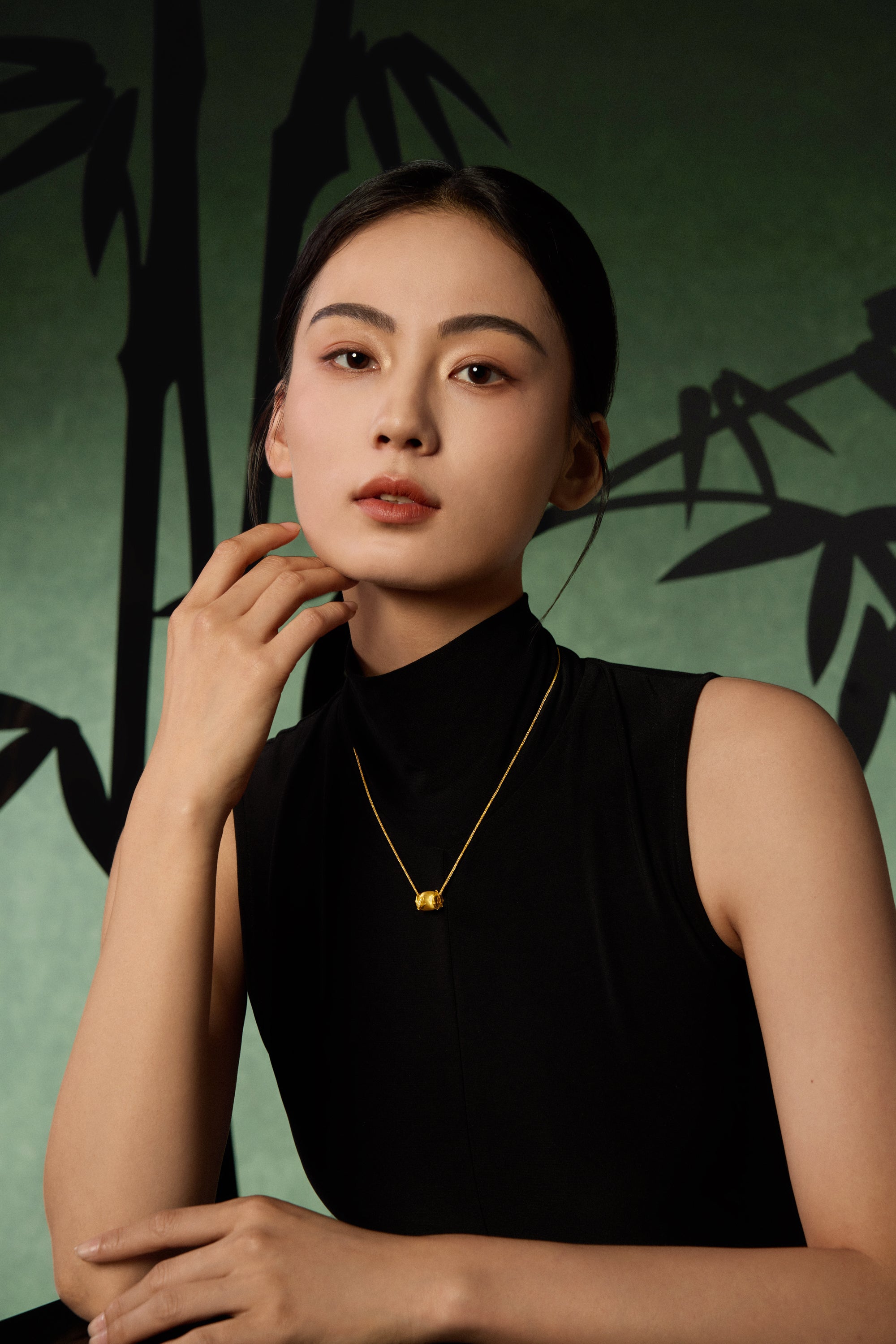 "Chinese Culture Collection - Dan Qing" 24K Gold Pendant Necklace Diamond 0.005ct Bamboo 10-13g W0636326