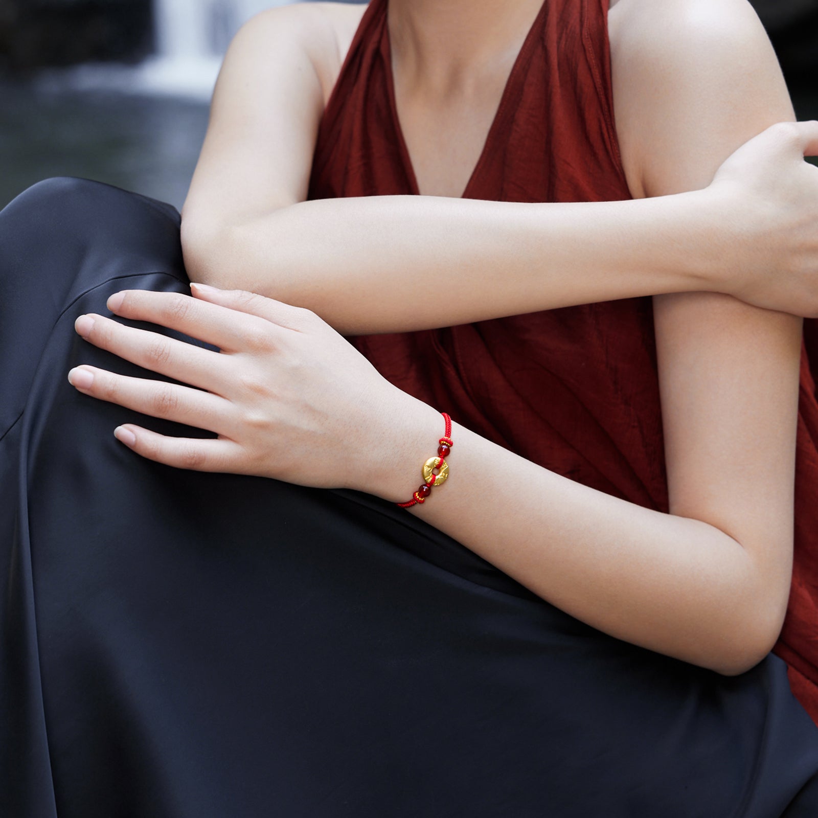 Jiuhua Mountain' 24K Gold String Bracelet Agate Buddhist Scripture A1714666