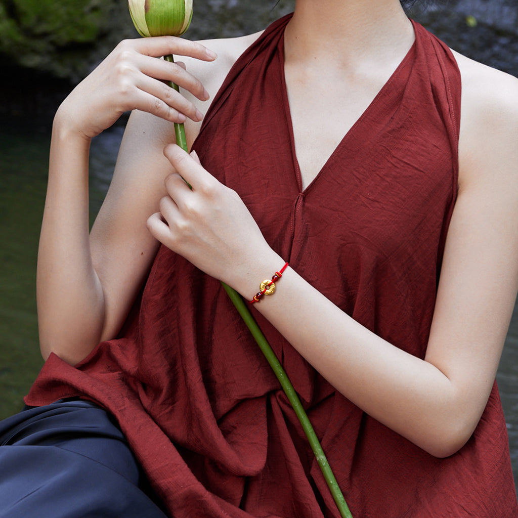 Jiuhua Mountain' 24K Gold String Bracelet Agate Buddhist Scripture A1714666