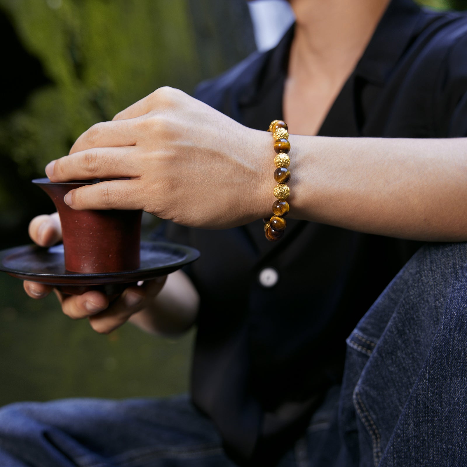 "Jiuhua Mountain" 24K Gold Beaded Bracelet Tiger's Eye Bead Mudras A1914658
