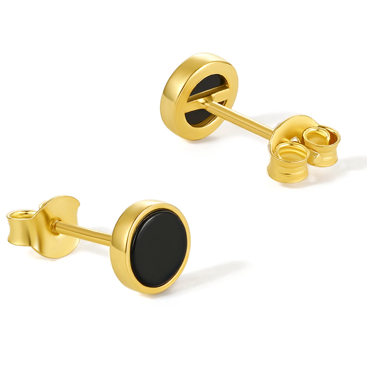 ZHOU LIU FU Stud Earrings for Women Men, 18K Gold Plated Black Onyx Earrings, 6mm Round 925 Sterling Silver Hypoallergenic Earrings J098983