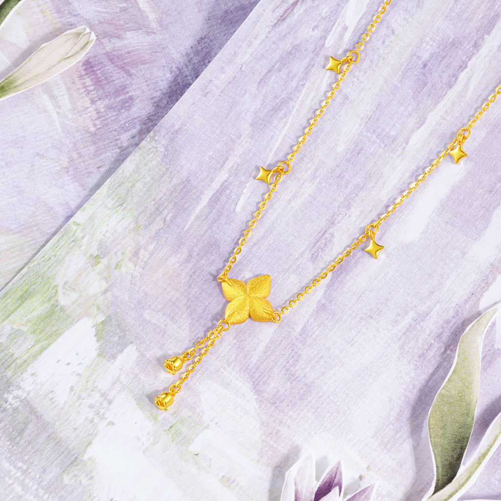 "Fantasy Forest" 999 24K Gold Pendant Necklace Clover 4.4-4.7g A0613827