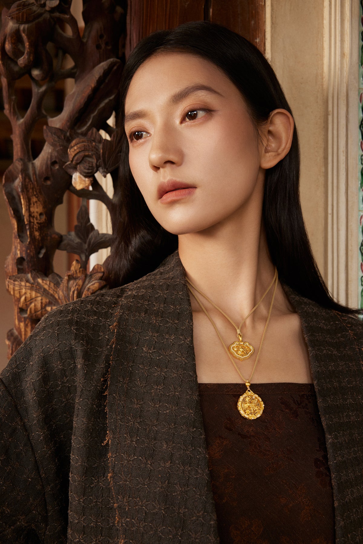 "Chinese Culture Collection - Wood Carving" 999 24K Gold  String Pendant Diamond 0.017ct Diamond 0.01ct Diamond 0.005ct Dragon Phoenix 13-15g W0450033