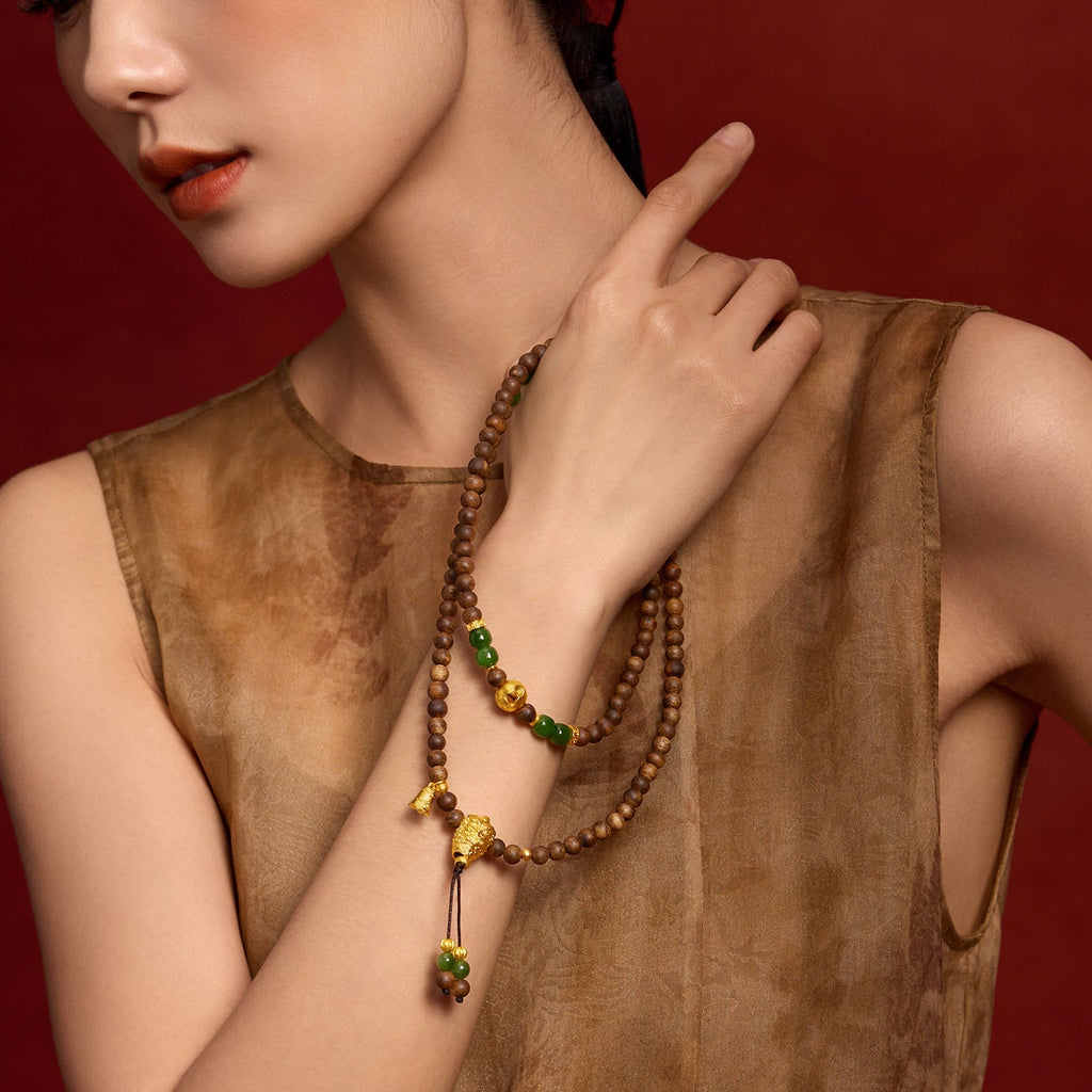 Jiuhua Mountain' 24K Gold Beaded Bracelet Heitian Jade Agarwood Ksitigarbha's Implements Y1915329