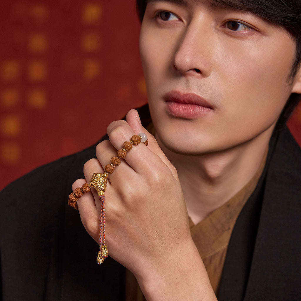 Jiuhua Mountain' 24K Gold Beaded Bracelet Heitian Jade Bodhi bead Ksitigarbha's Implements Y1915277