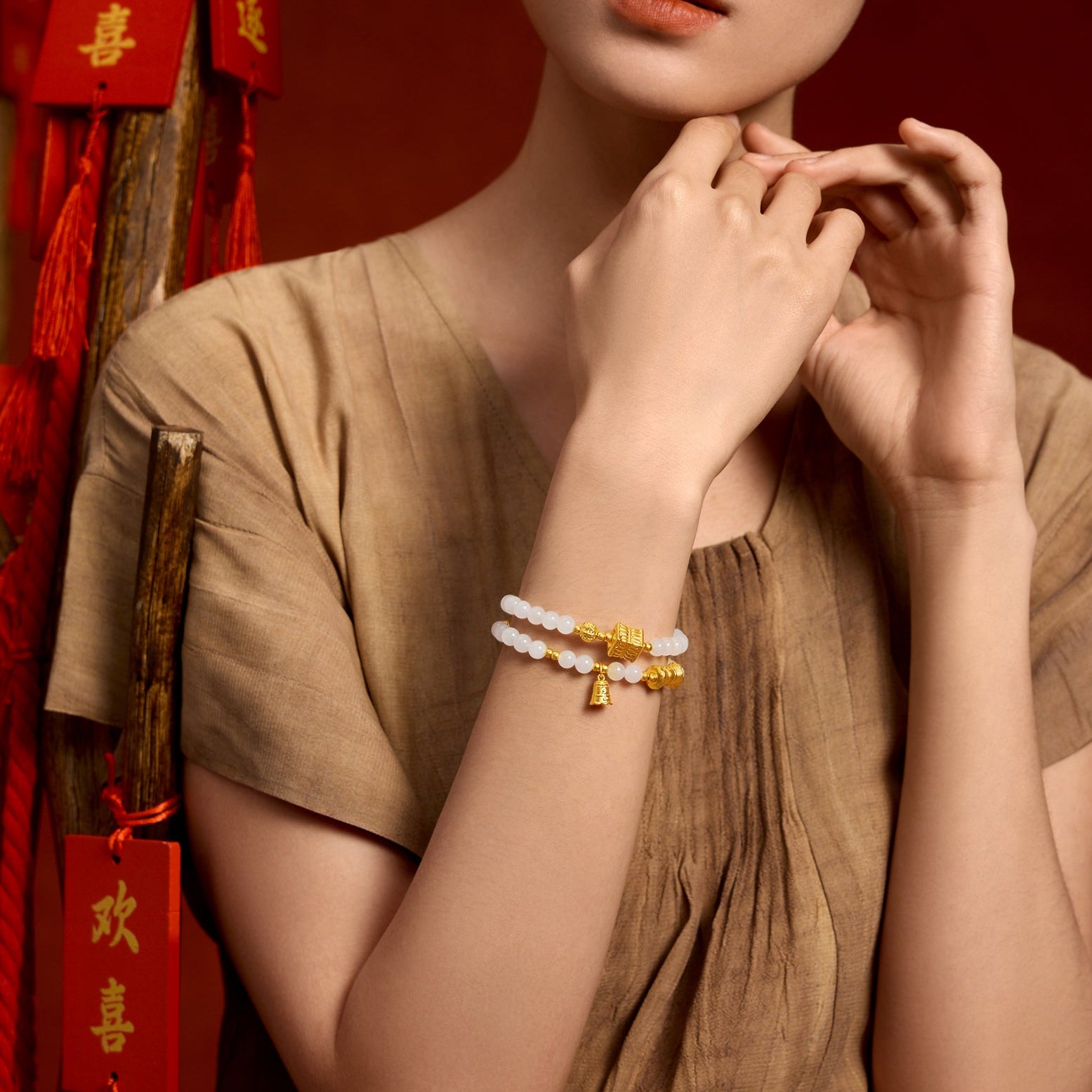 Jiuhua Mountain' 24K Gold Beaded Bracelet Heitian Jade Agate Ksitigarbha's Implements Y1915281