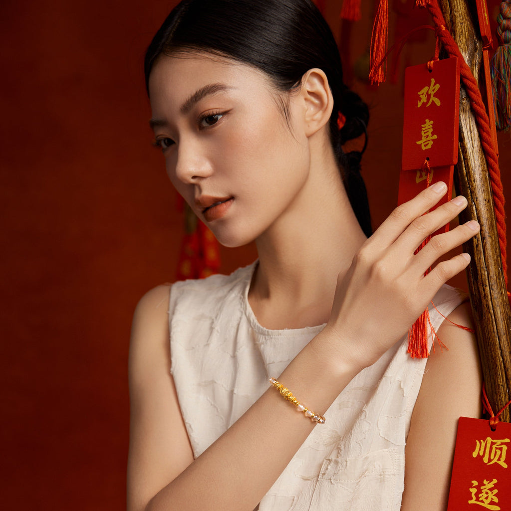 "Jiuhua Mountain" 24K Gold Crystal Beaded Bracelet Engraved Character 6-6.5mm 18cm J1935922