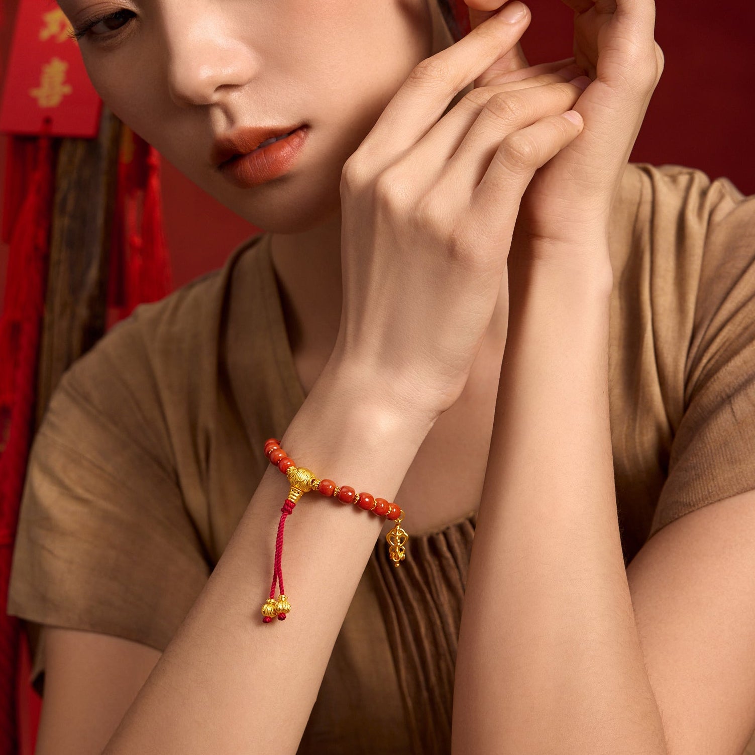 Jiuhua Mountain' 24K Gold Beaded Bracelet Agate Turquoise Ksitigarbha's Implements J1915328