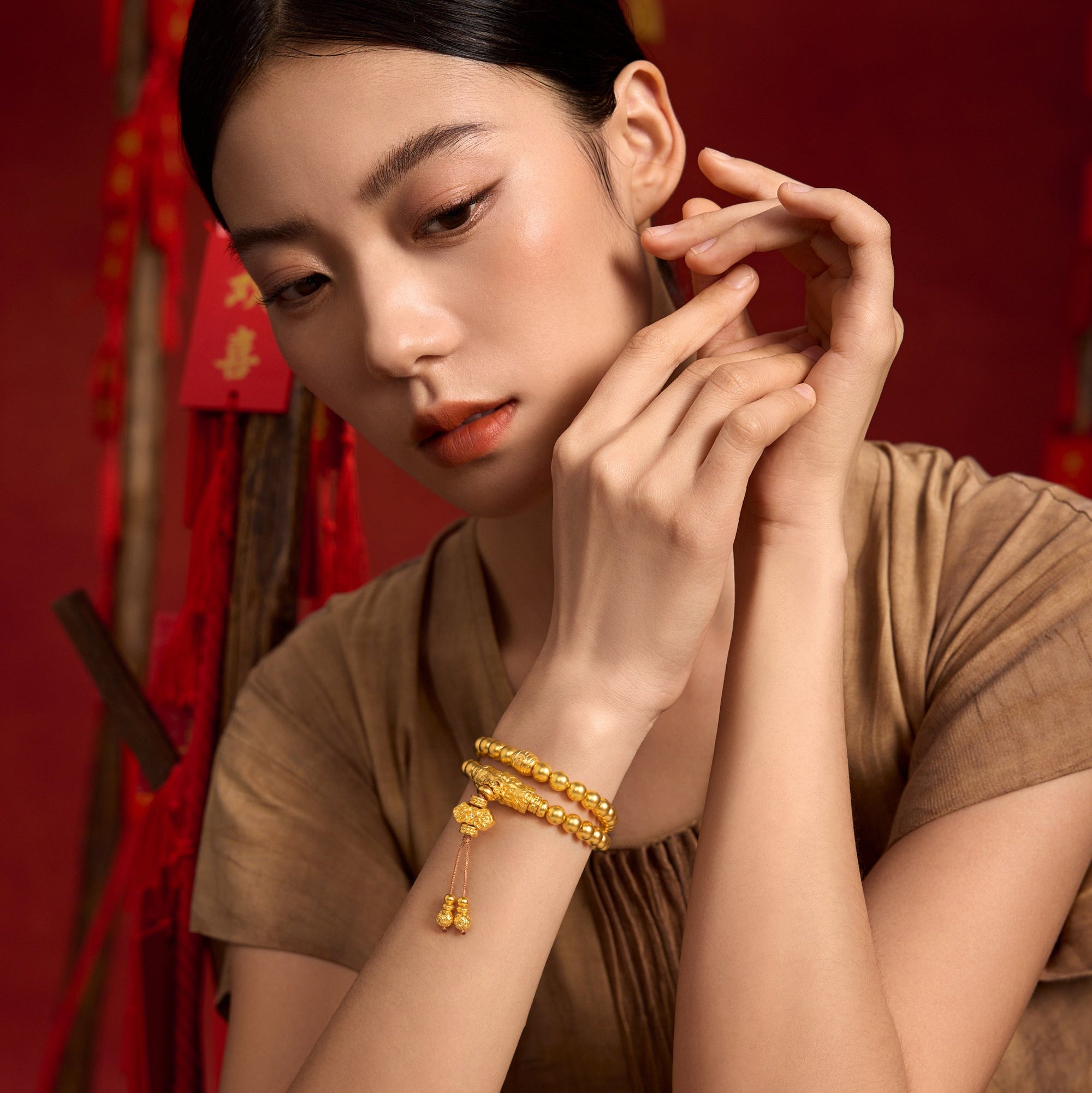 "Jiuhua Mountain" 24K Gold String Bracelet Diamond Ingot Tassel Charm String Size 36cm W1940432