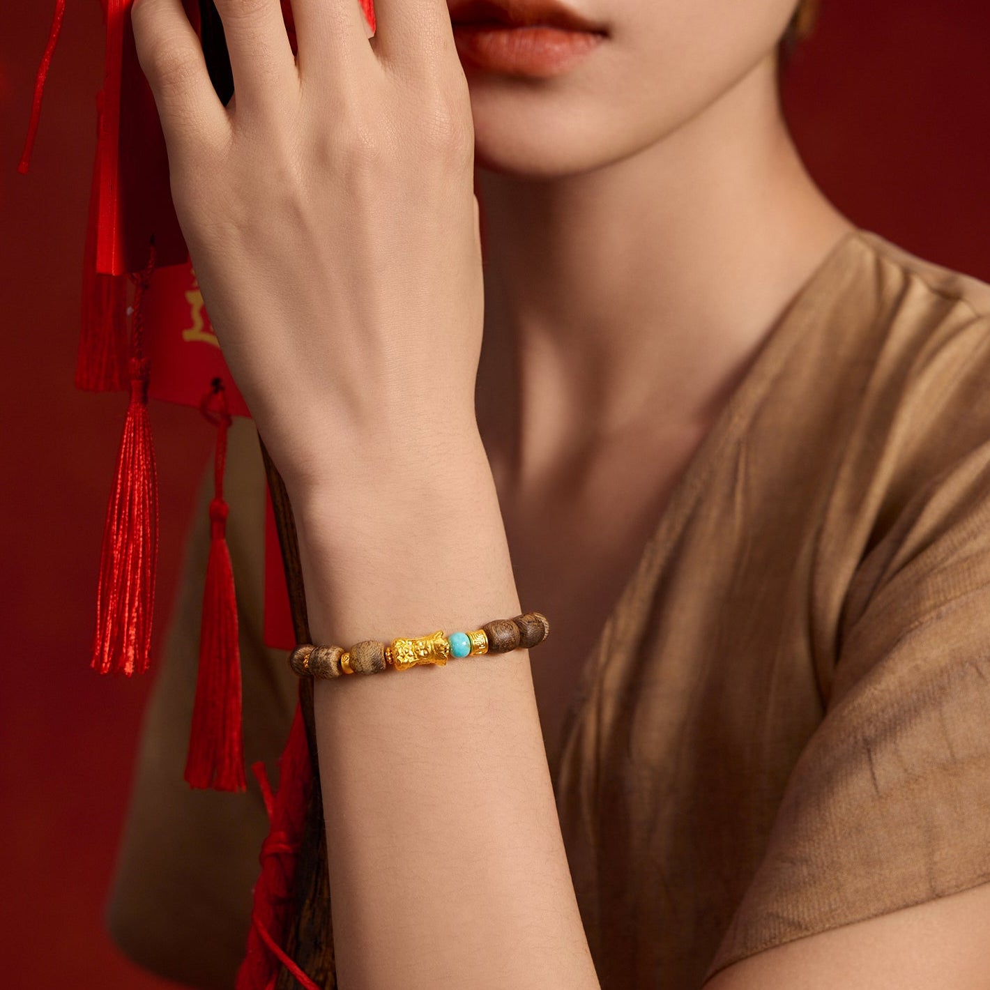 Jiuhua Mountain' 24K Gold Beaded Bracelet Agate Turquoise Agarwood Ksitigarbha Bodhisattva J1915273