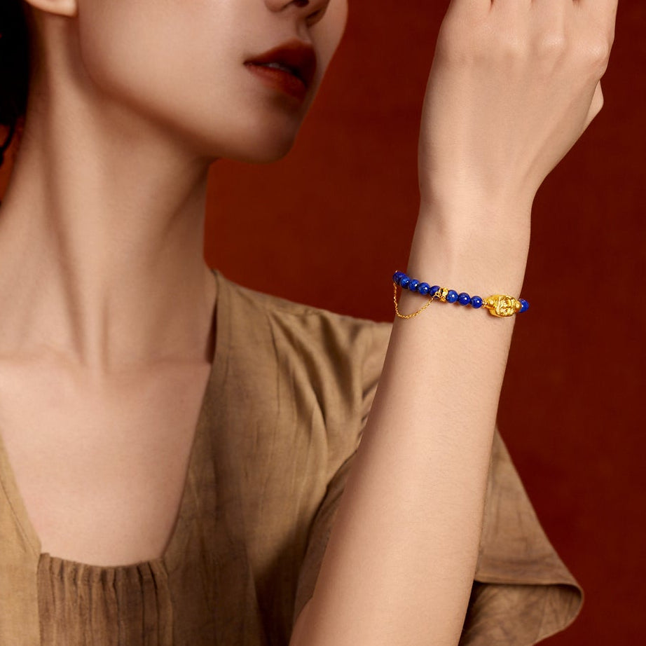 "Jiuhua Mountain" 24K Gold Beaded Bracelet Lapis Lazuli Vajra J1915264