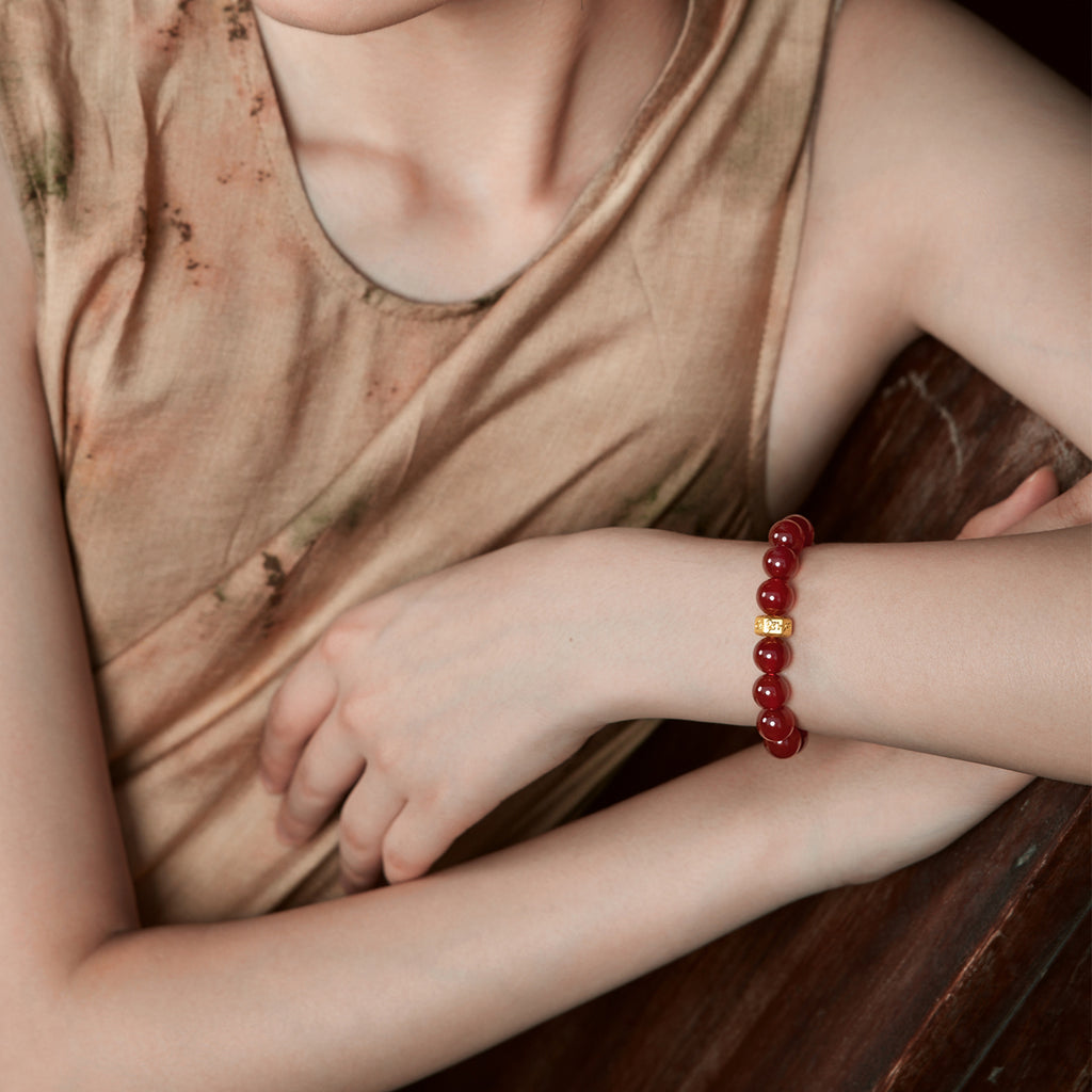 'Jiuhua Mountain' 24K Gold Beaded Bracelet Agate Buddhist Scripture 6-6.5mm 17cm A1914657