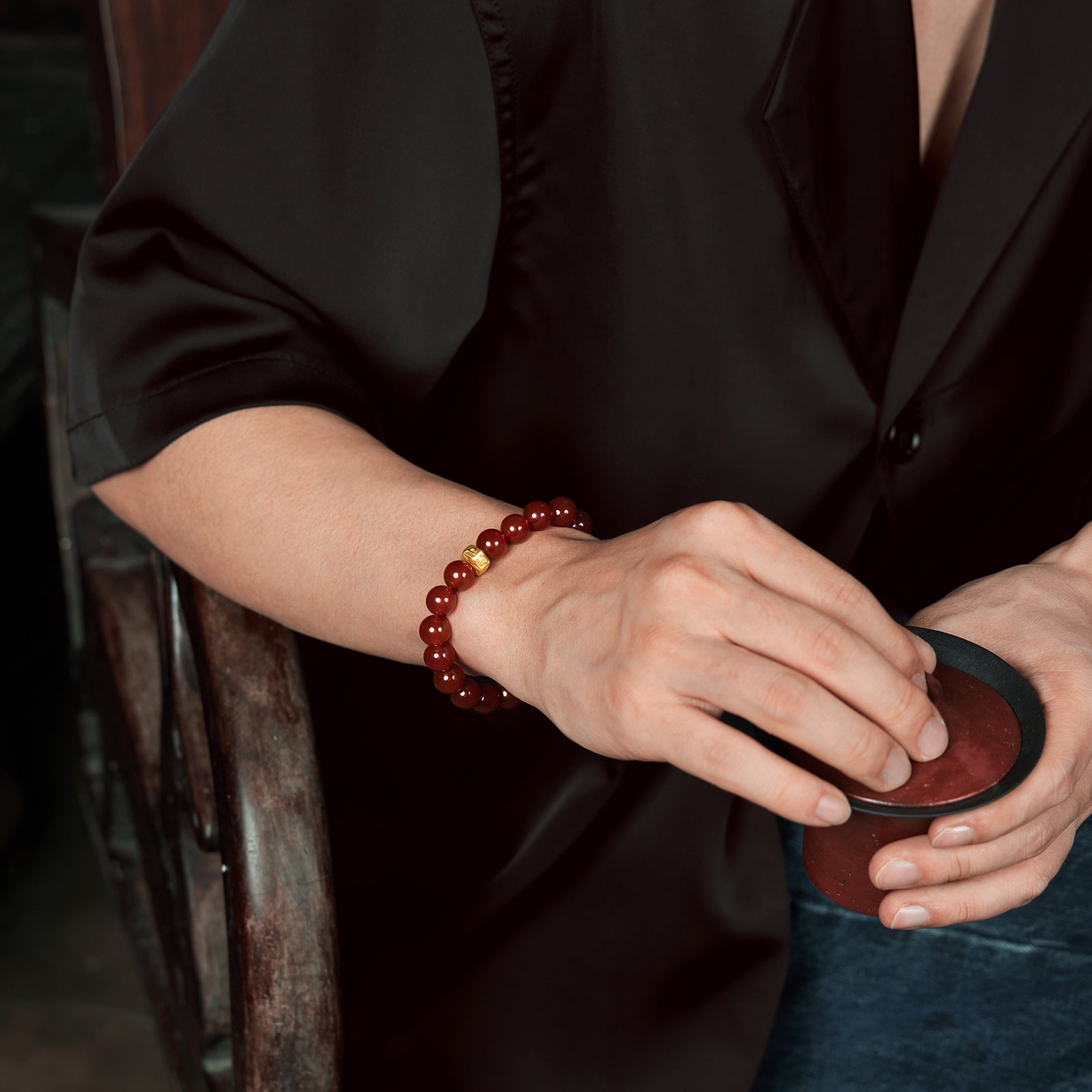 'Jiuhua Mountain' 24K Gold Beaded Bracelet Agate Buddhist Scripture 9mm 19cm A1914663