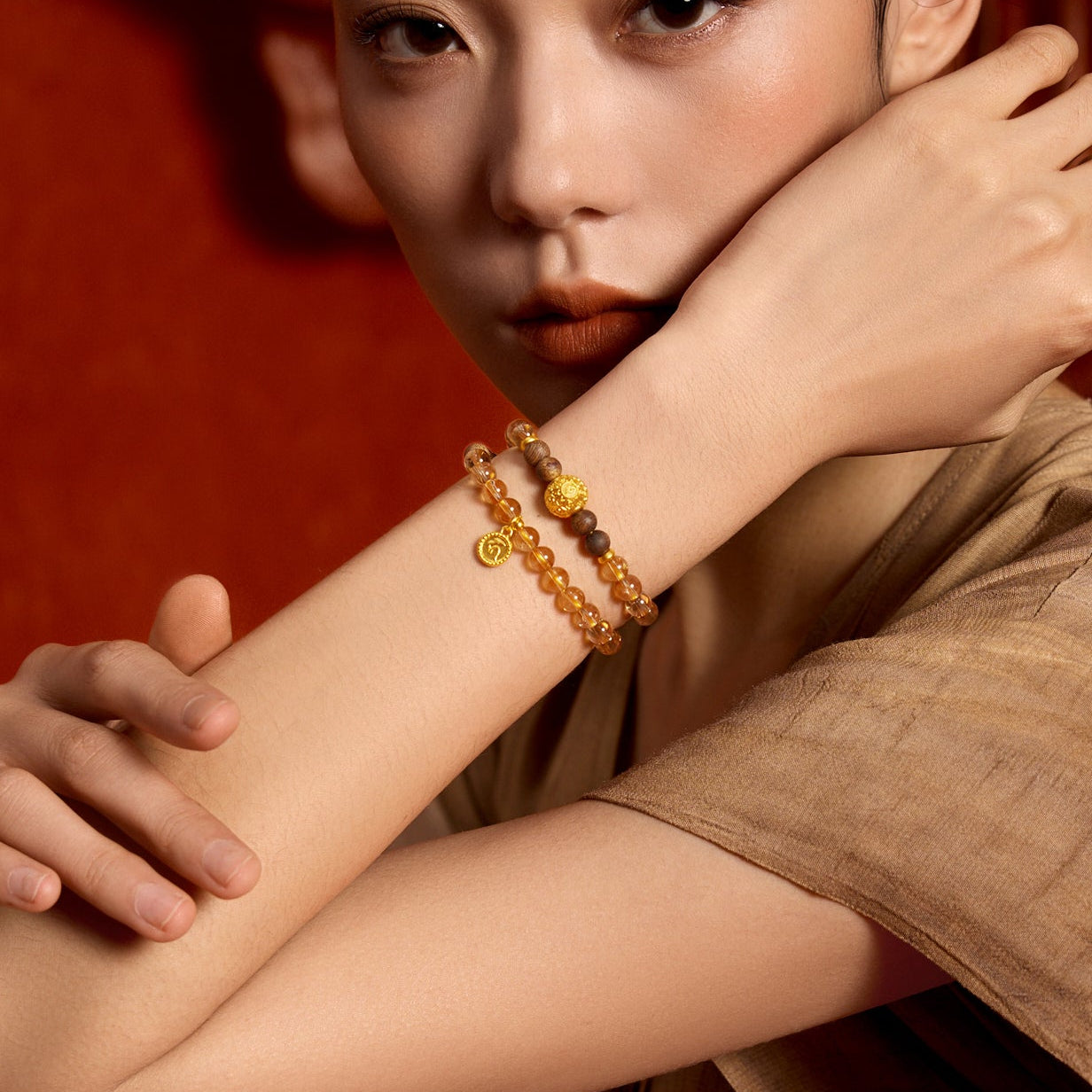 九華山 24K 金珠手鍊 黃水晶沉香木珠 佛經 A1915270