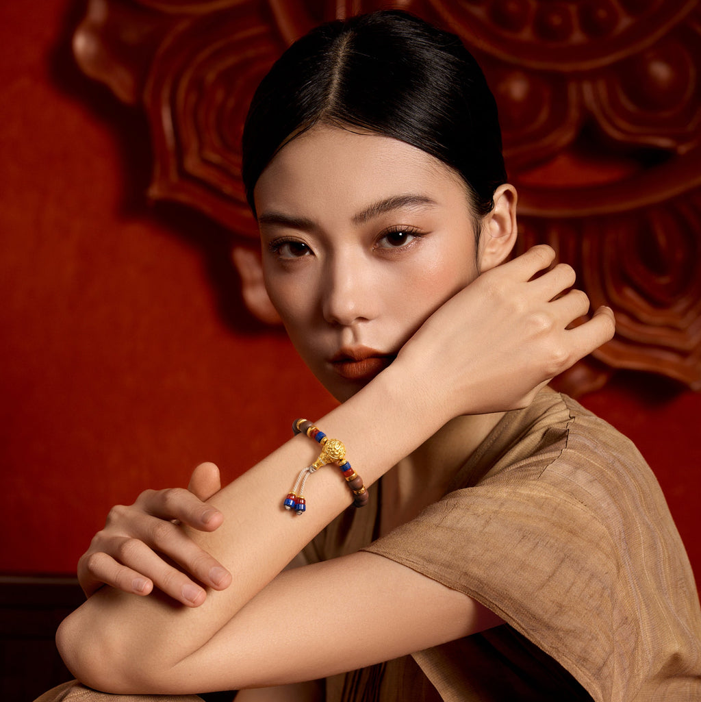 "Jiuhua Mountain" 24K Gold String Bracelet Wood Lapis Lazuli Buddha Tassel 10-10.5mm 18cm A1935608