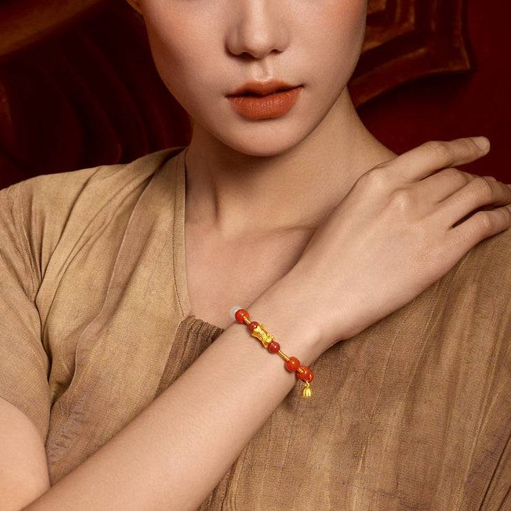 Jiuhua Mountain' 24K Gold Beaded Bracelet Heitian Jade Agate Ksitigarbha Bodhisattva Y1915283