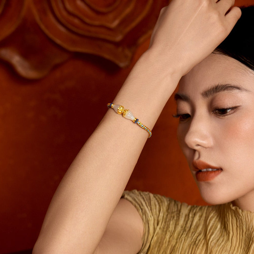 Jiuhua Mountain' 999.9 24K Gold String Bracelet Heitian Jade Ksitigarbha's Implements Y1715286