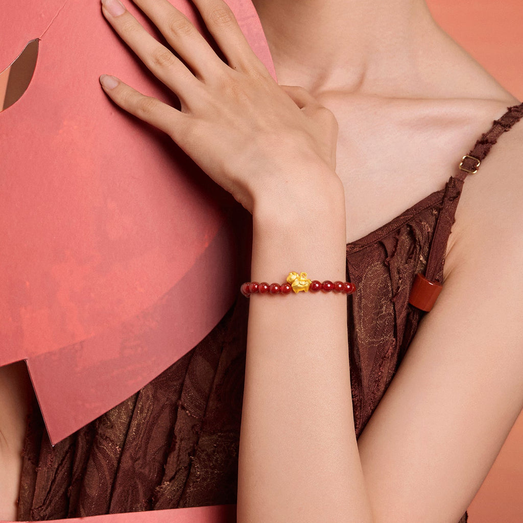 「馬年」24K金珠手鍊，瑪瑙馬圖案，寓意財富，0.7-1克，17厘米，A1916284