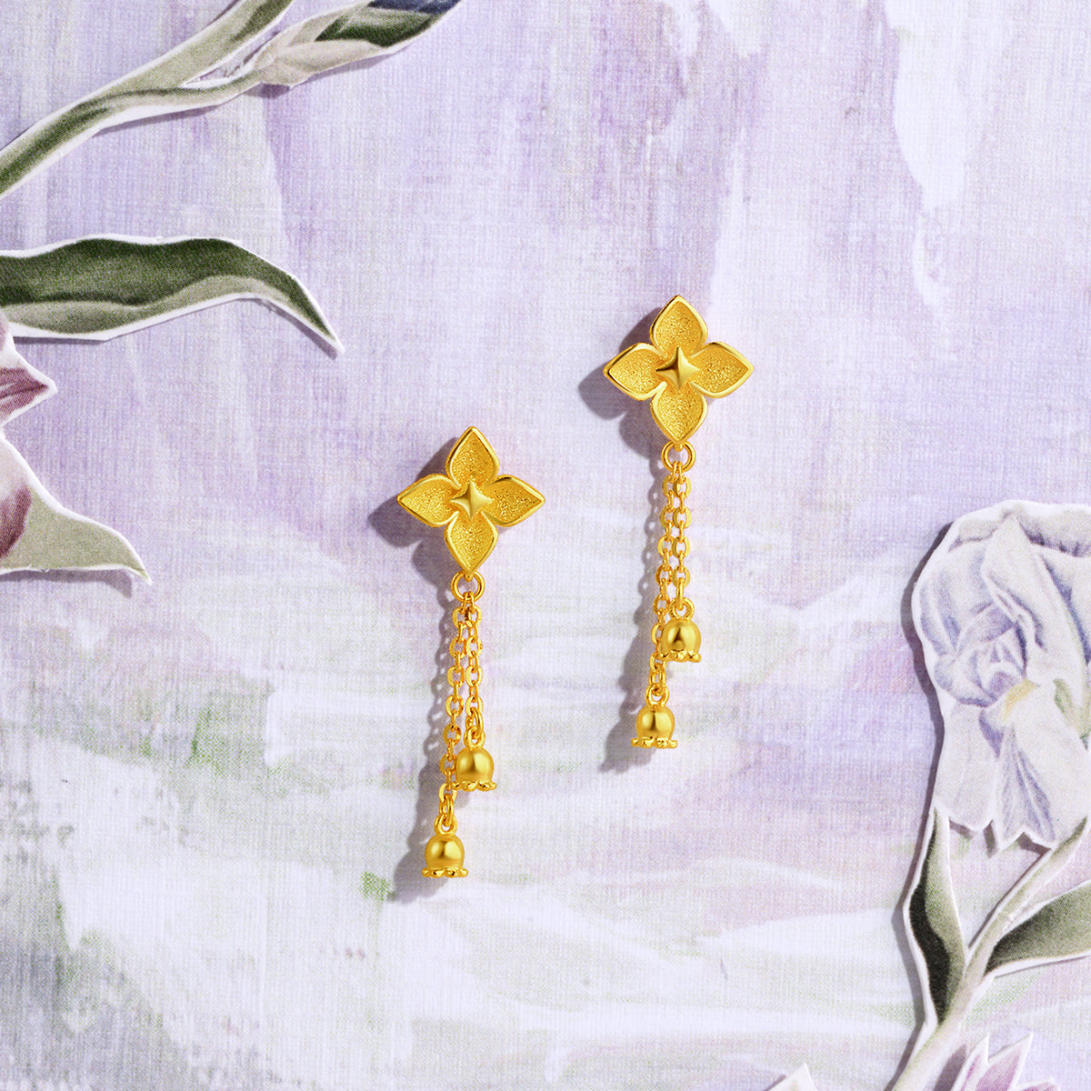 "Fantasy Forest" 999 24K Gold Earrings Clover 2.8-3.1g A0913828