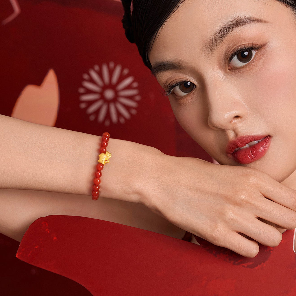 'Year of the Horse' 24K Gold Beaded Bracelet Agate Horse Wealth 0.7-1g 17cm A1916287