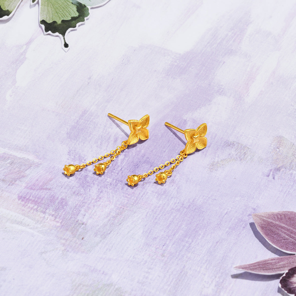 "Fantasy Forest" 999 24K Gold Earrings Clover 2.8-3.1g A0913828