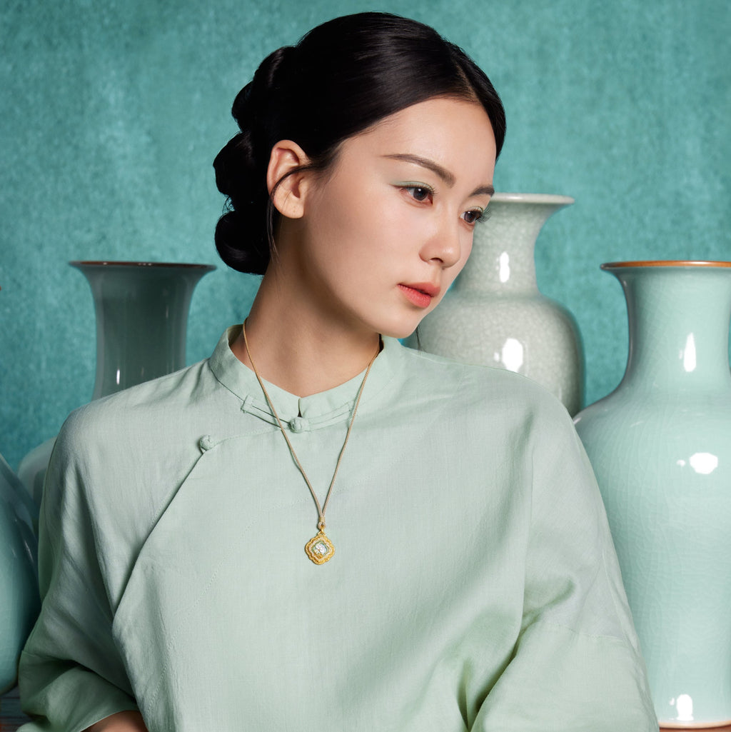 「中華文化瑰寶 - 汝窯」24K金鑽石0.0045克拉貝殼蓮花吊墜 10-12克 W0448093
