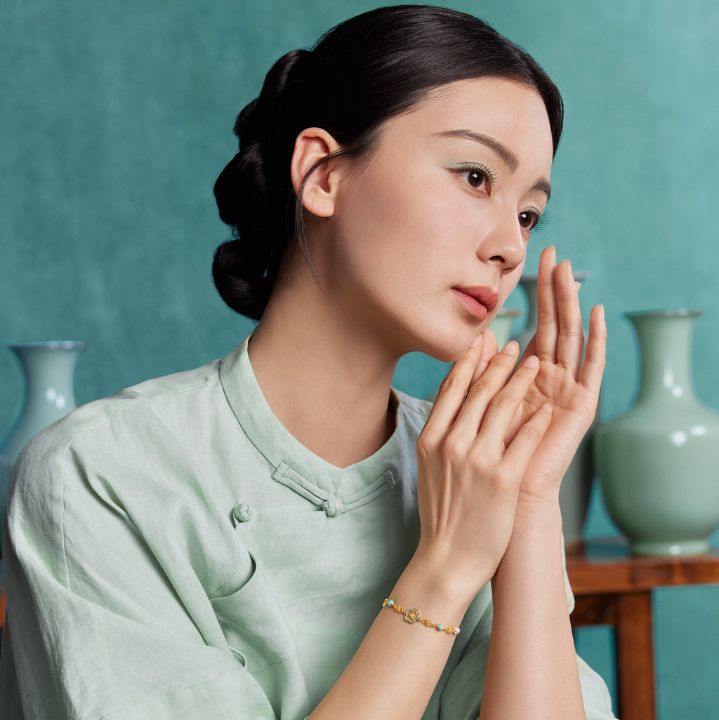 「中華文化臻藏系列－汝窯」24K金手鍊 鑽石0.007ct 0.002ct 珍珠花 4.21-6.21g W0750030