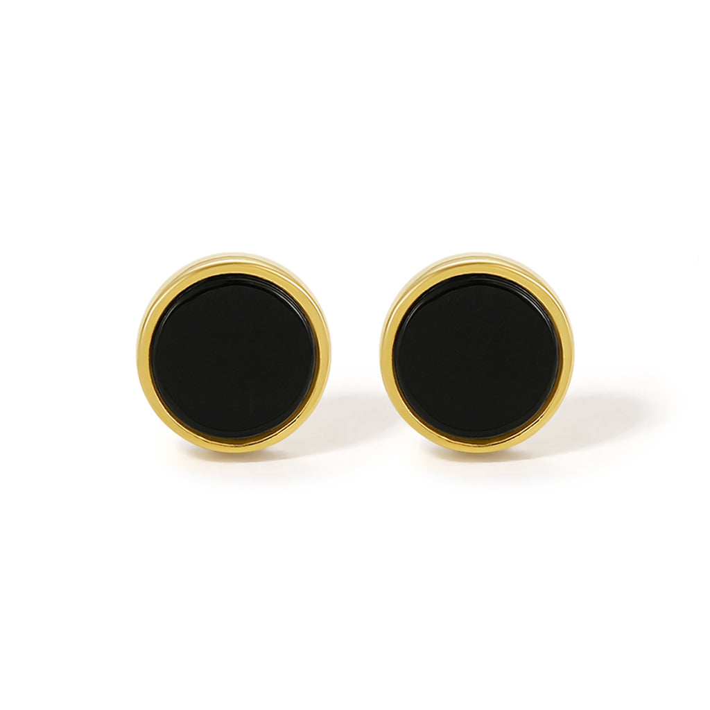 ZHOU LIU FU Stud Earrings for Women Men, 18K Gold Plated Black Onyx Earrings, 6mm Round 925 Sterling Silver Hypoallergenic Earrings J098983