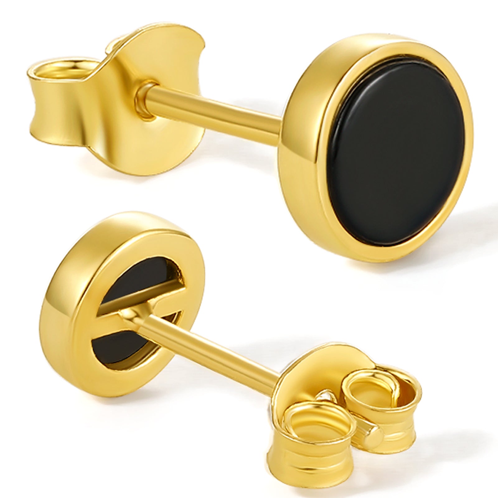 ZHOU LIU FU 18K Gold Plated Black Onyx Stud Earrings - 925 Sterling Silver Hypoallergenic Jewelry Gifts for Women Men
