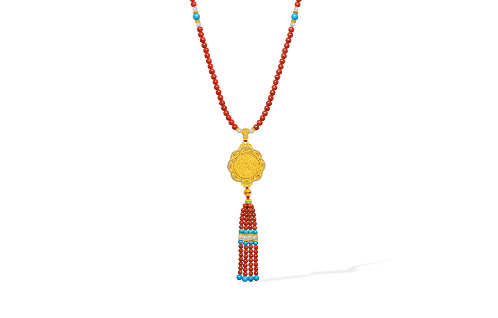 "Chinese Culture Collection - Dan Qing" 24K Gold Pendant Necklace Braided Rope Agate 3-5.5mm Diamond 0.05ct 0.0024-0.0045 Dragons & Phoenixes 56-64.5g J0636327