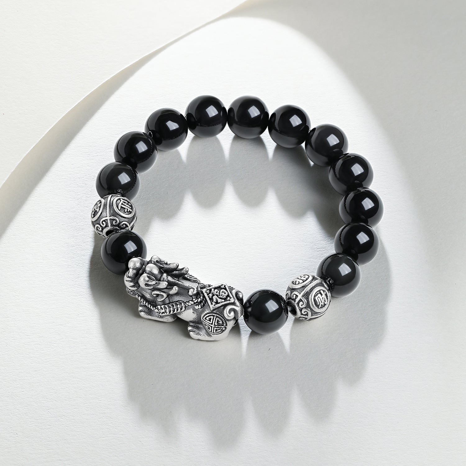 S925 Sterling Silver Beaded Bracelet Obsidian Pixiu 3.8-4.8g 18cm/20cm J1914054