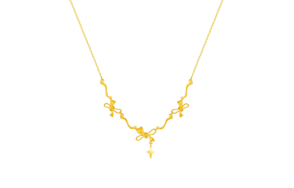 "Girl's Worries" 24K Gold Pendant Necklace Bow 5.38-6.58g A0615789