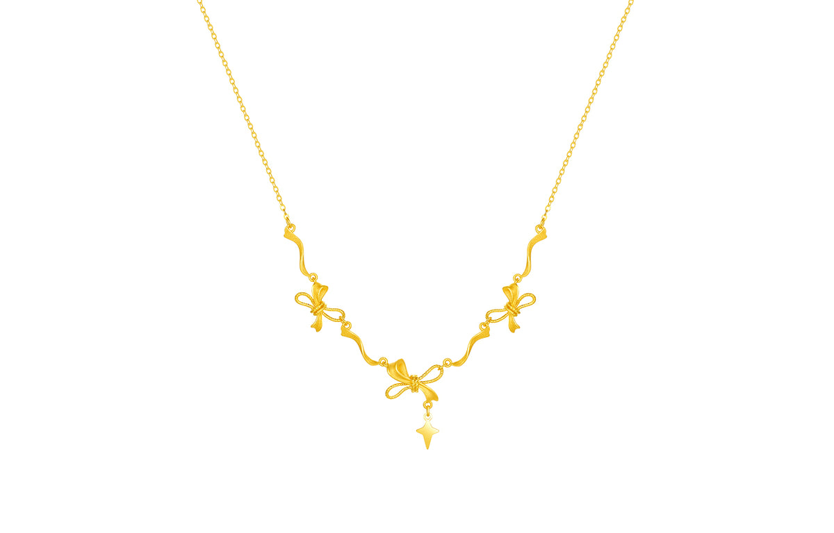 "Girl's Worries" 24K Gold Pendant Necklace Bow 5.38-6.58g A0615789
