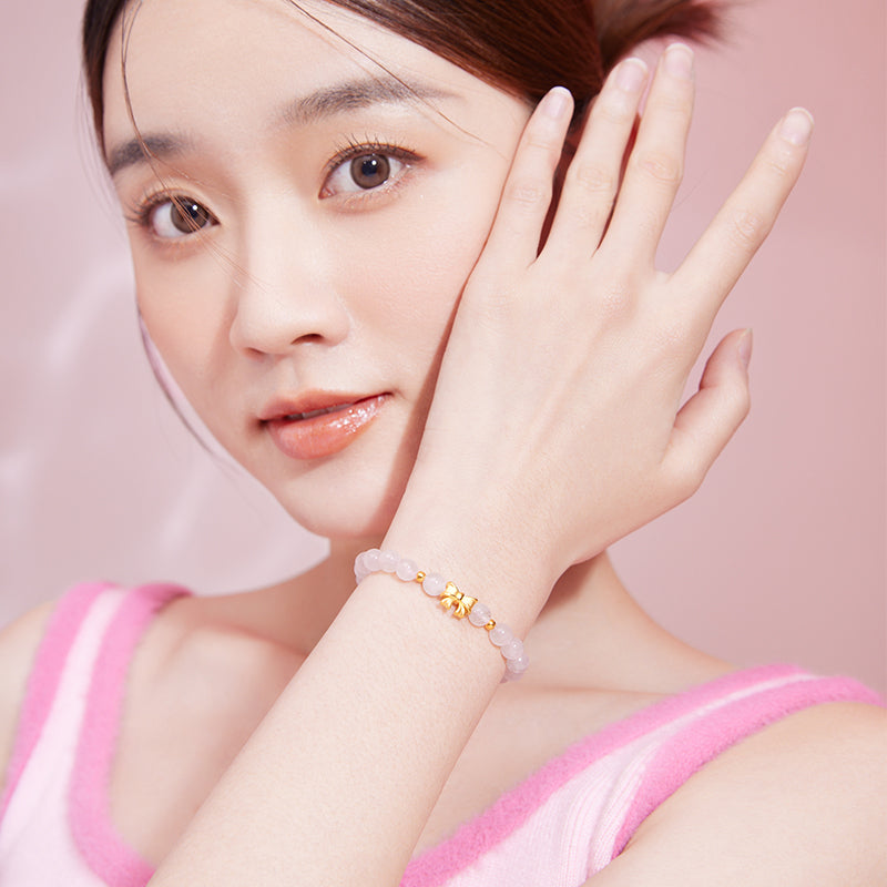 24K Gold Beaded Bracelet Rose Quartz 0.45-0.65g Bow A1911408